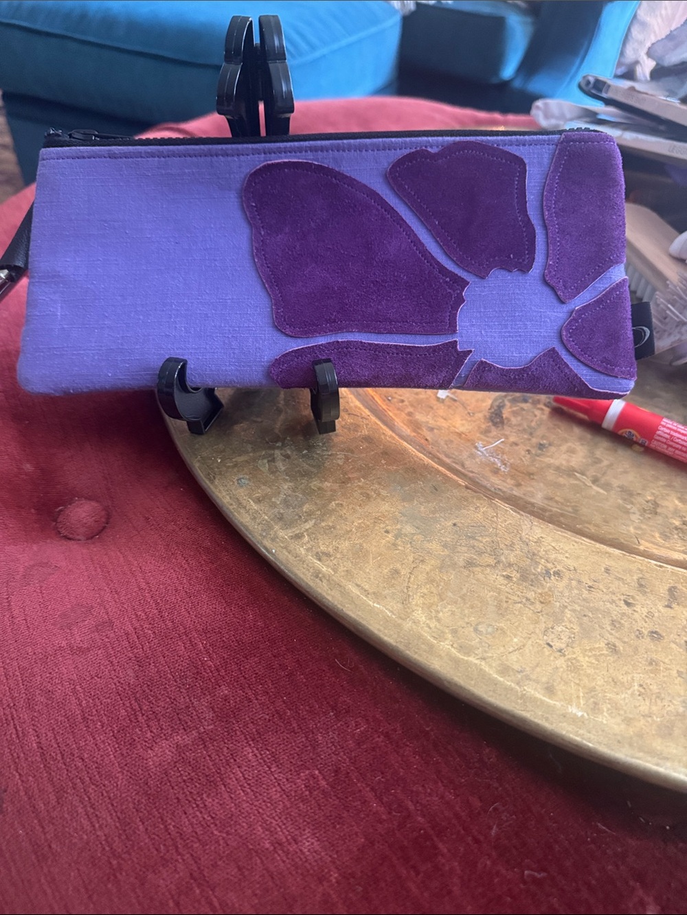 Purple Floral Suede Appliqué Wristlet Clutch